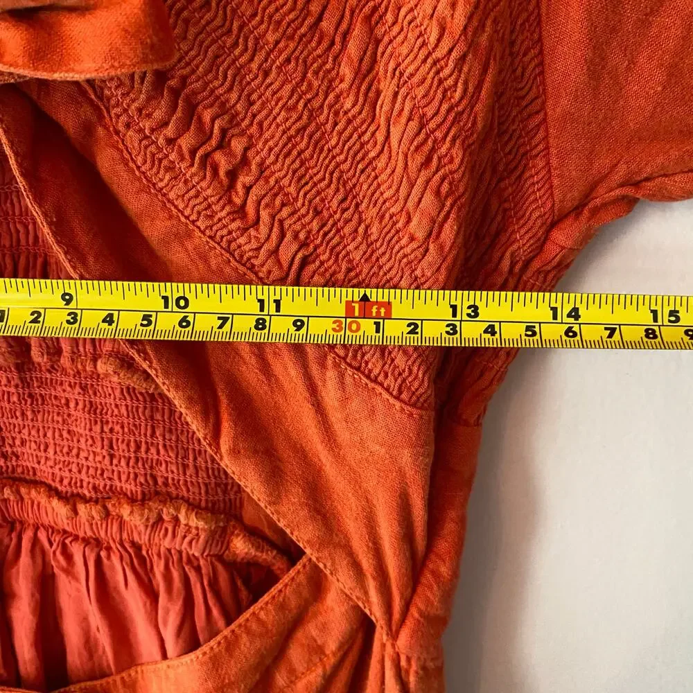 Free People Red Orange String of Hearts Button Down Puff Sleeve Maxi Dress Small